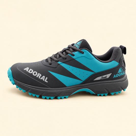 Adoral Jeet Aqua Blue Black Cricket Shoes Side View