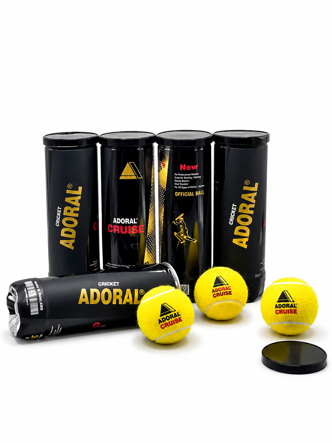 Adoral yellow cricket balls in Shine Cricket transparent tubes with orange lids
