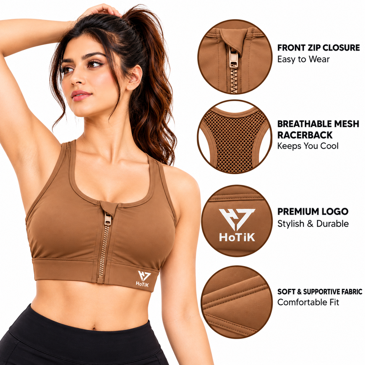 Women's brown front zip gym sports bra with racerback mesh by HoTiK