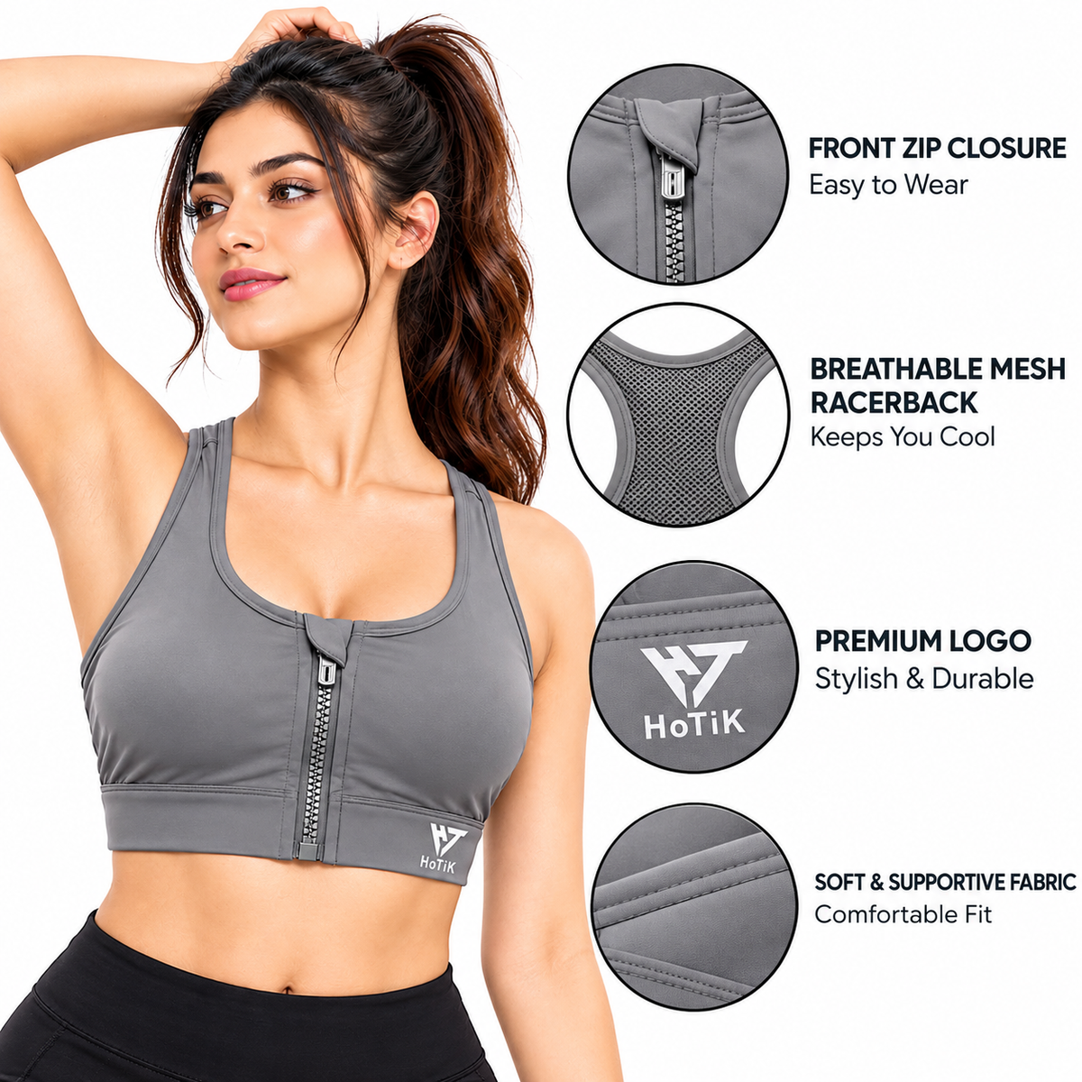 Women's grey front zip gym sports bra with racerback mesh by HoTiK