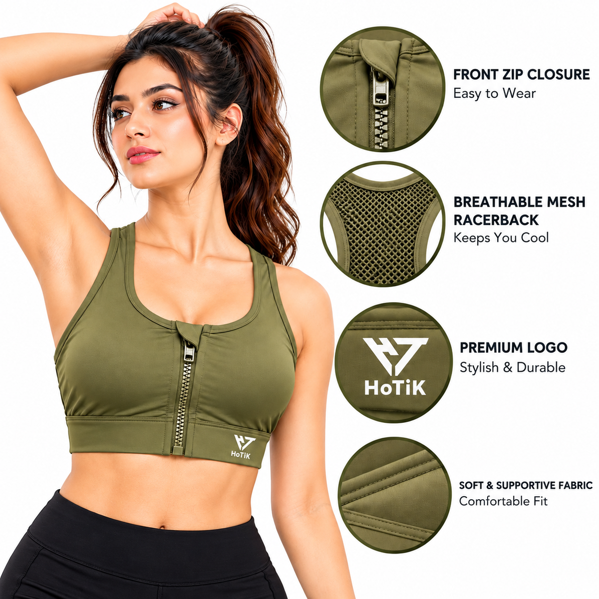 Women's olive green front zip gym sports bra with racerback mesh by HoTiK