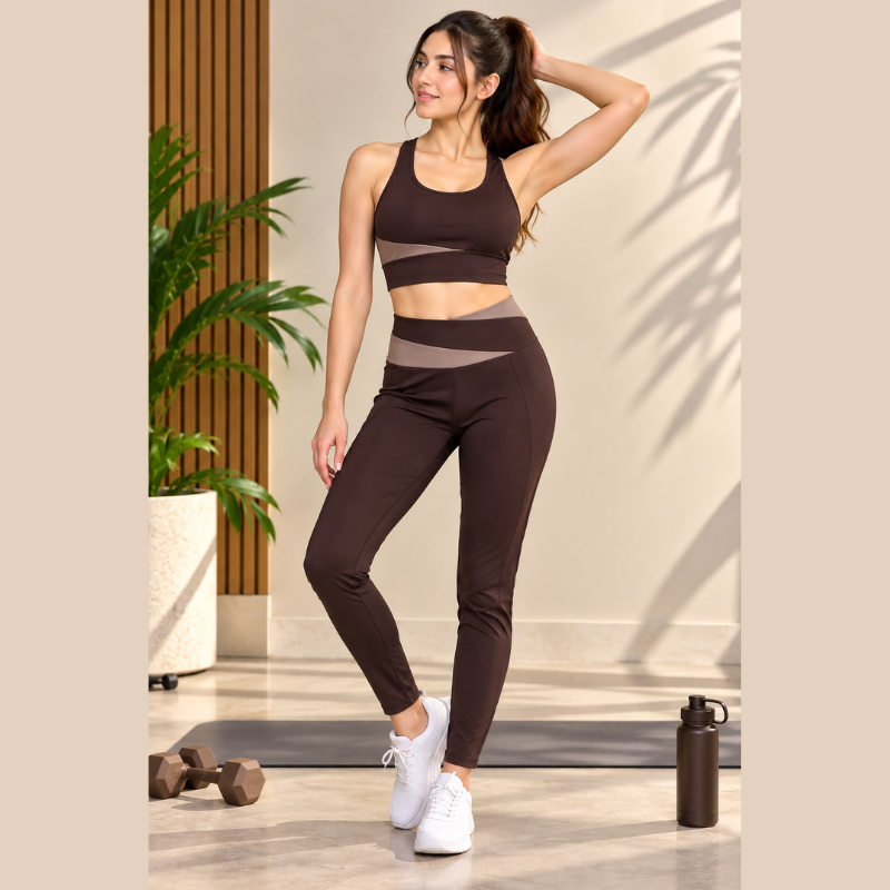 Women's Gym Wear Set with Sports Bra and High-Waist Leggings in Chocolate Brown and Taupe