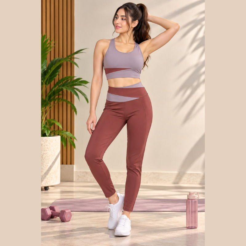 Women's Gym Wear Set with Sports Bra and High-Waist Leggings in Dusty Rose and Mauve