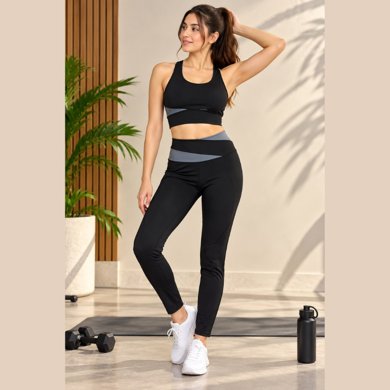 Women's Two-Piece Activewear Set with Black Sports Bra and Grey Contrast Panels