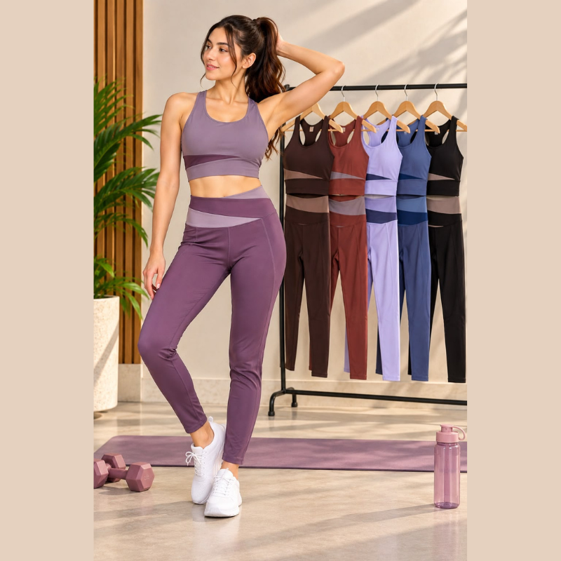 Women's Gym Wear Set with Matching Sports Bra and High-Waist Leggings in Lavender and Violet