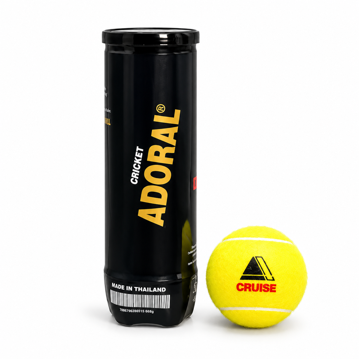Adoral Cruise yellow cricket ball beside black branded cricket ball tube