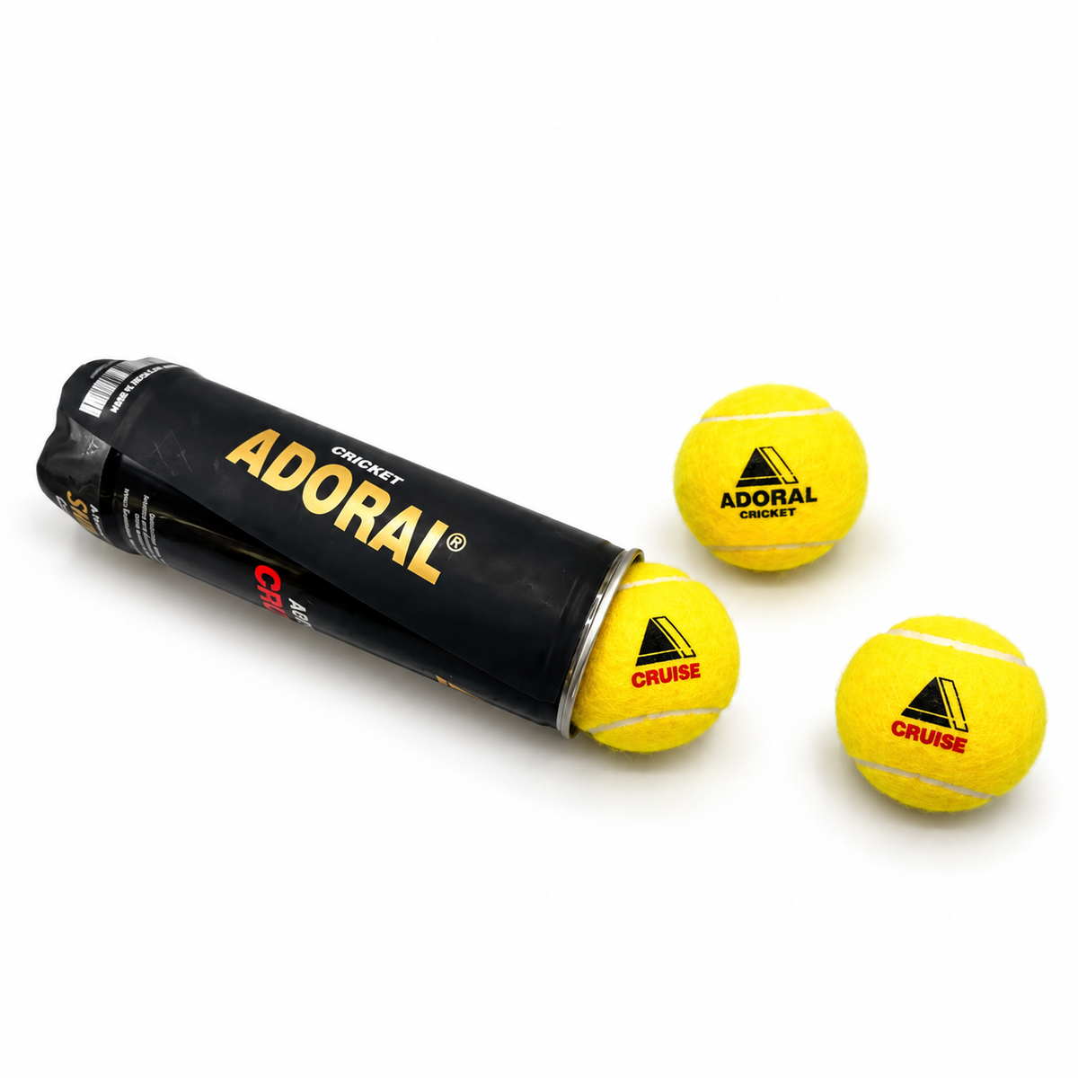 Adoral yellow cricket balls beside a black Adoral cricket ball tube with Cruise branding