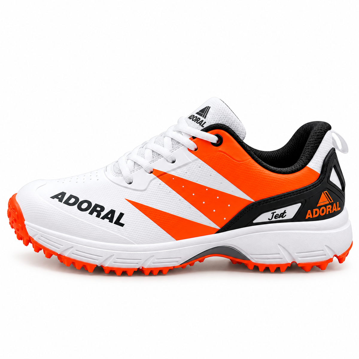 Adoral Jet white and orange cricket shoes with black accents and studded outsole
