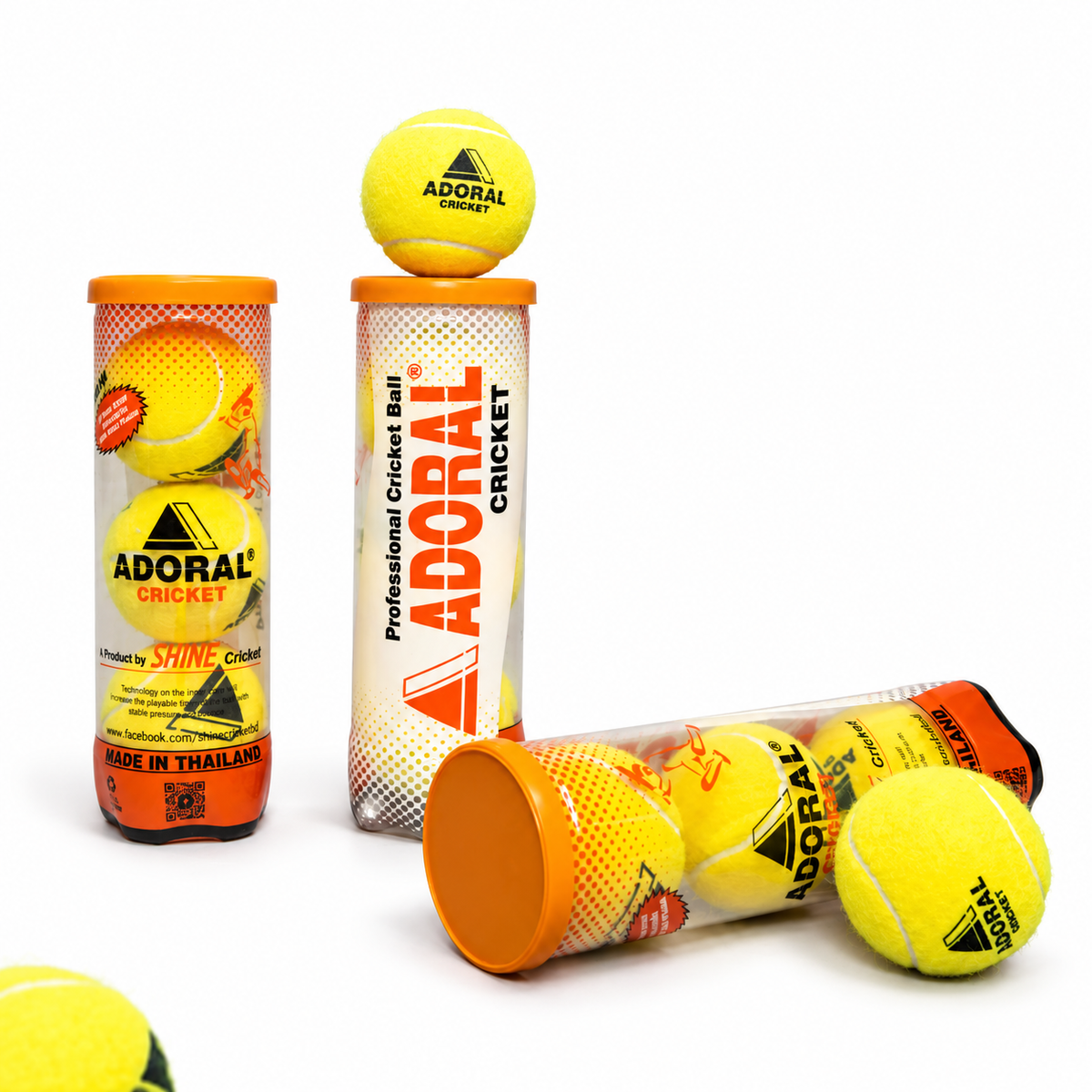 Adoral yellow cricket balls with orange-lid tubes, including standing and horizontal packaging