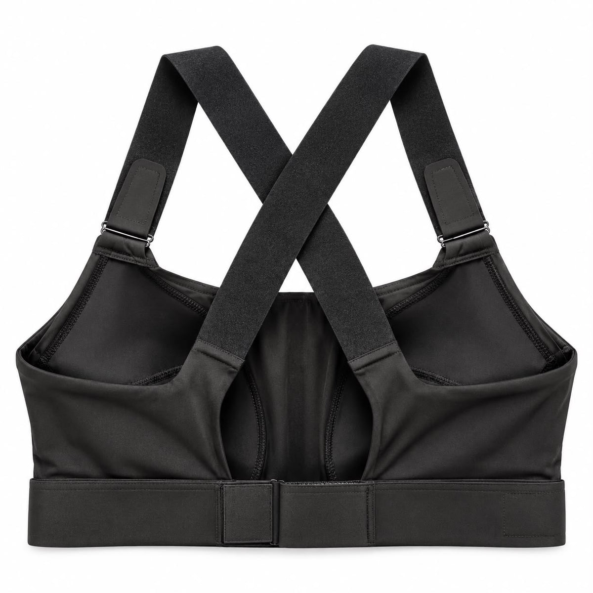 Back view of a black women's sports bra with adjustable shoulder straps.
