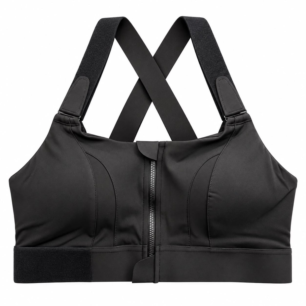 Black women's front-zip sports bra with adjustable shoulder straps, front view.