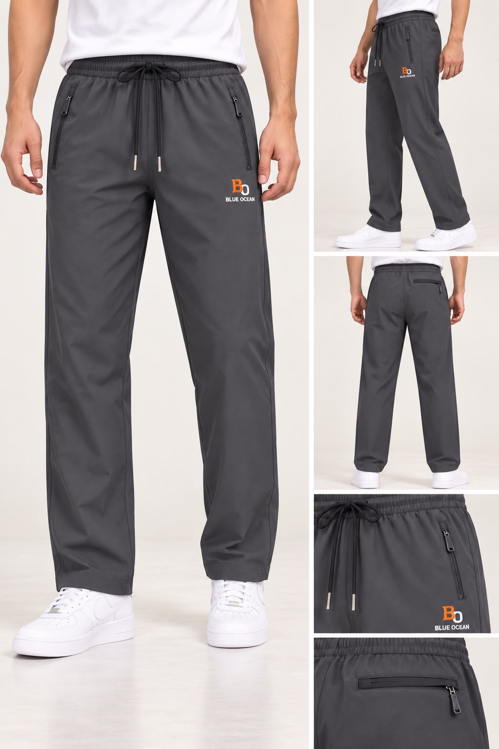 Men's Blue Ocean grey trousers shown on a model from the front and back, with close-ups of the waistband and logo.