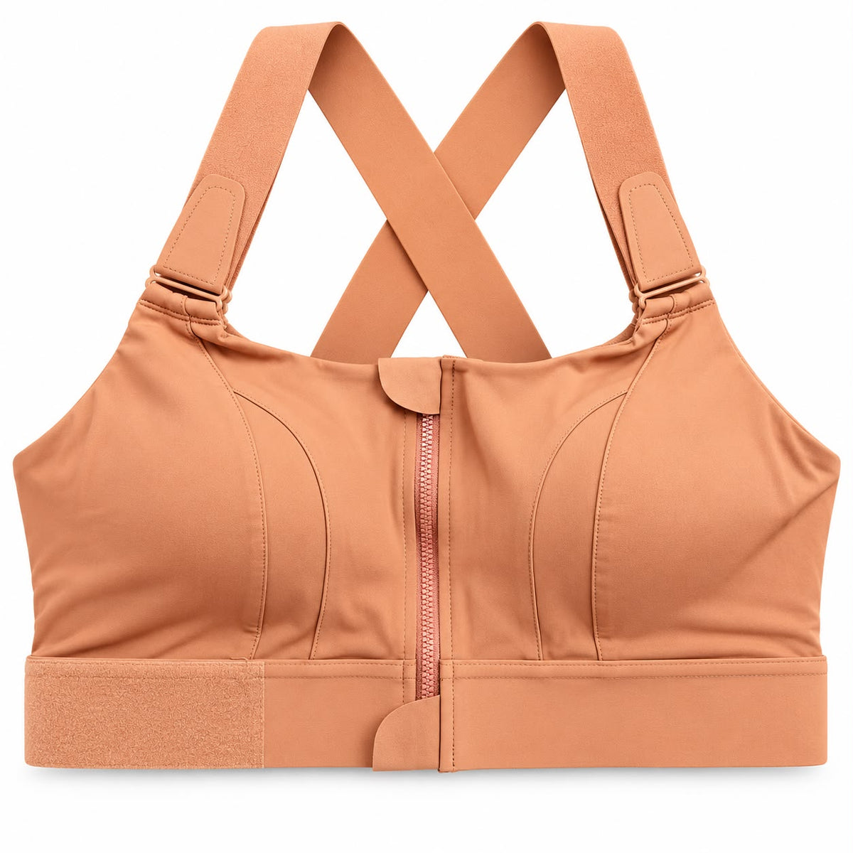Brick red women's front-zip sports bra with adjustable shoulder straps, front view.