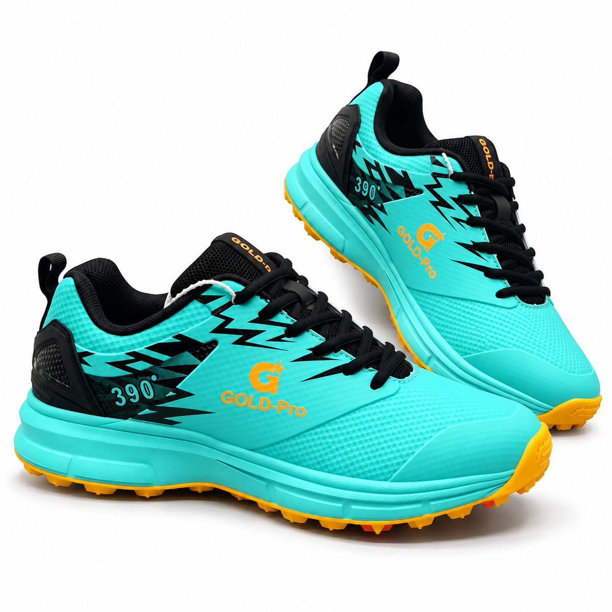 GOLD-Pro 390 turquoise cricket shoes pair on white background