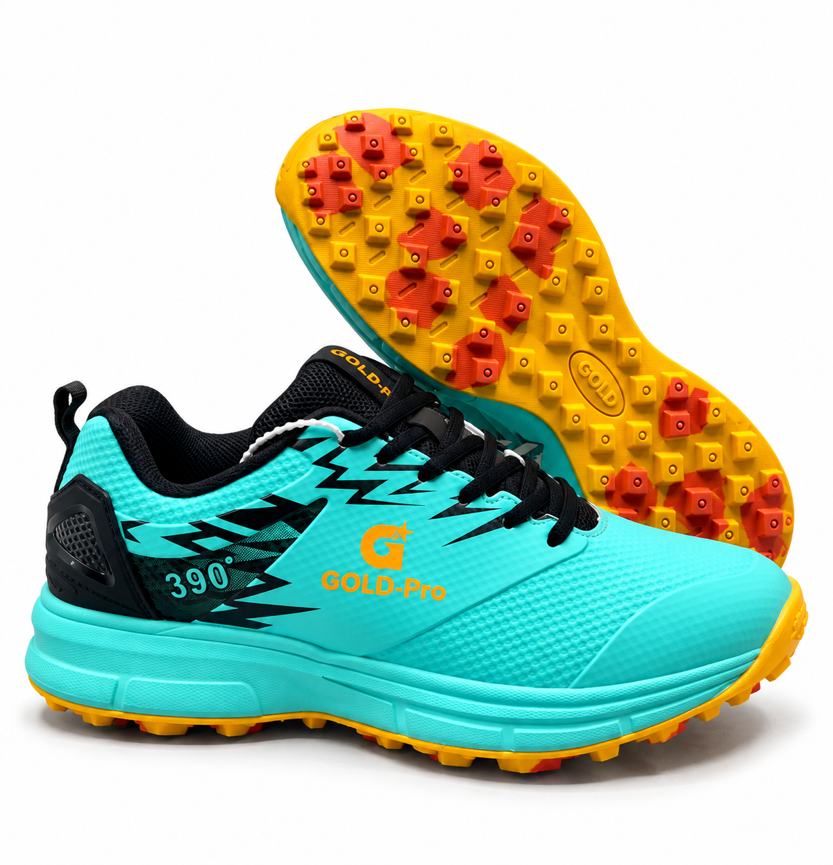 GOLD-Pro 390 turquoise cricket shoes front three-quarter view