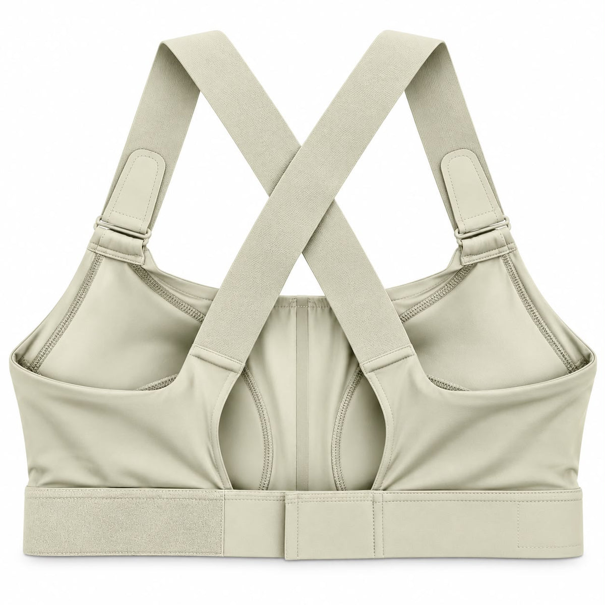 Olive Green Back: Back view of an olive women's sports bra with adjustable shoulder straps.