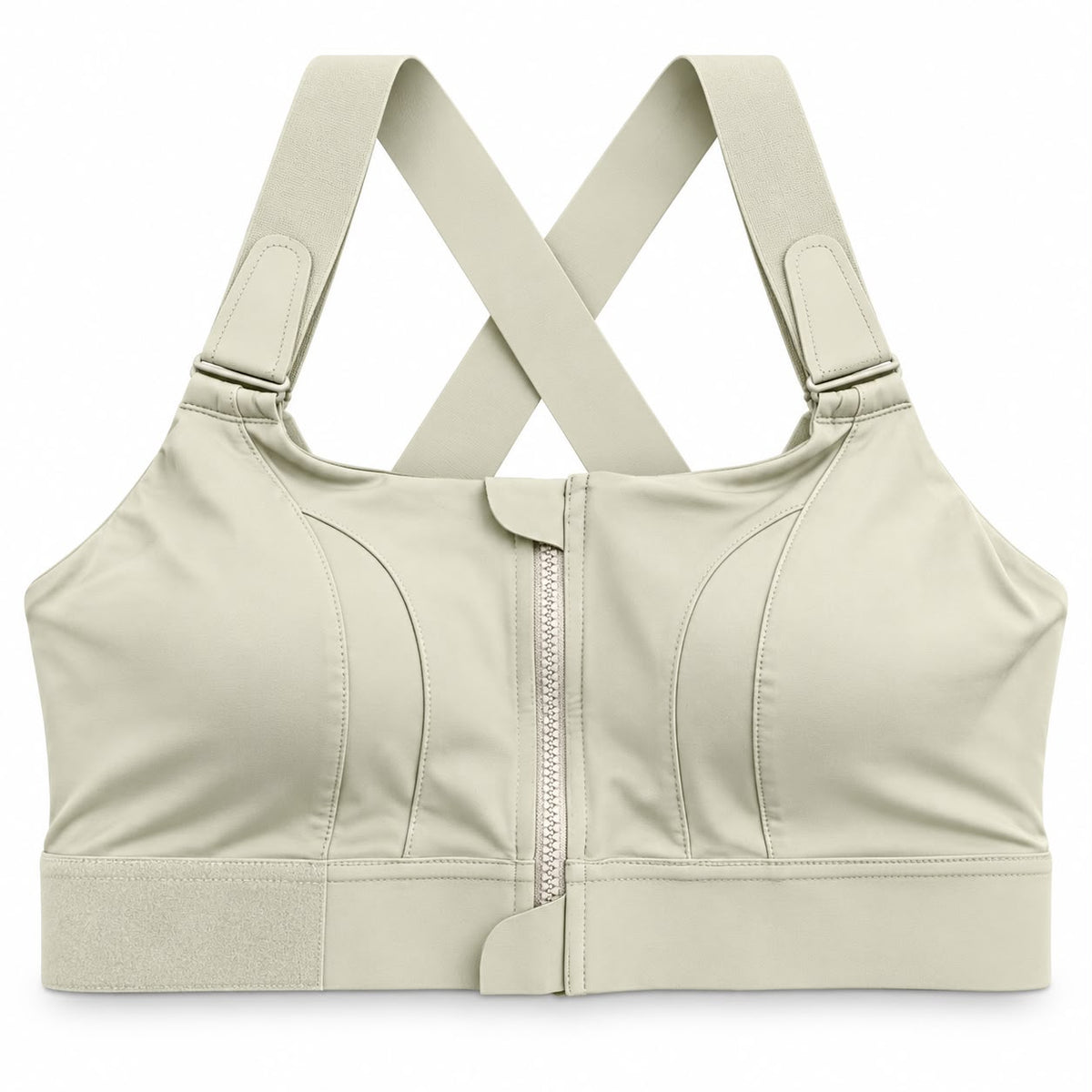 Olive Green Back: Back view of an olive green women's sports bra with adjustable shoulder straps.