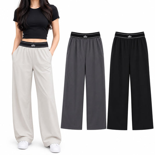 Wide leg lounge pants for women in off-white with logo waistband | KK Sports