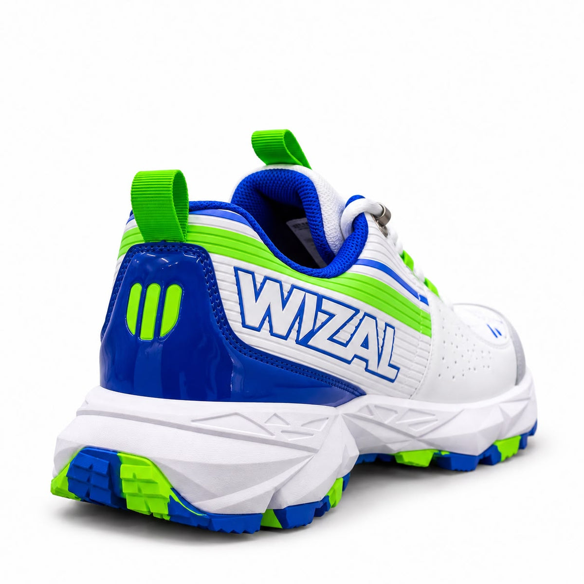 WIZAL white cricket shoes with blue and green accents rear view