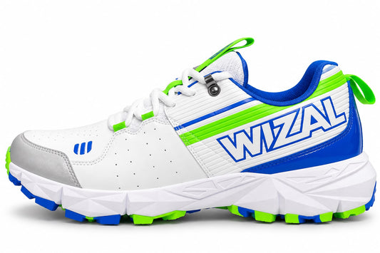 WIZAL white cricket shoes with blue and neon green detailing side view