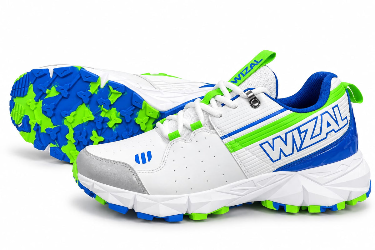 WIZAL cricket shoes white blue and green with studded outsole view