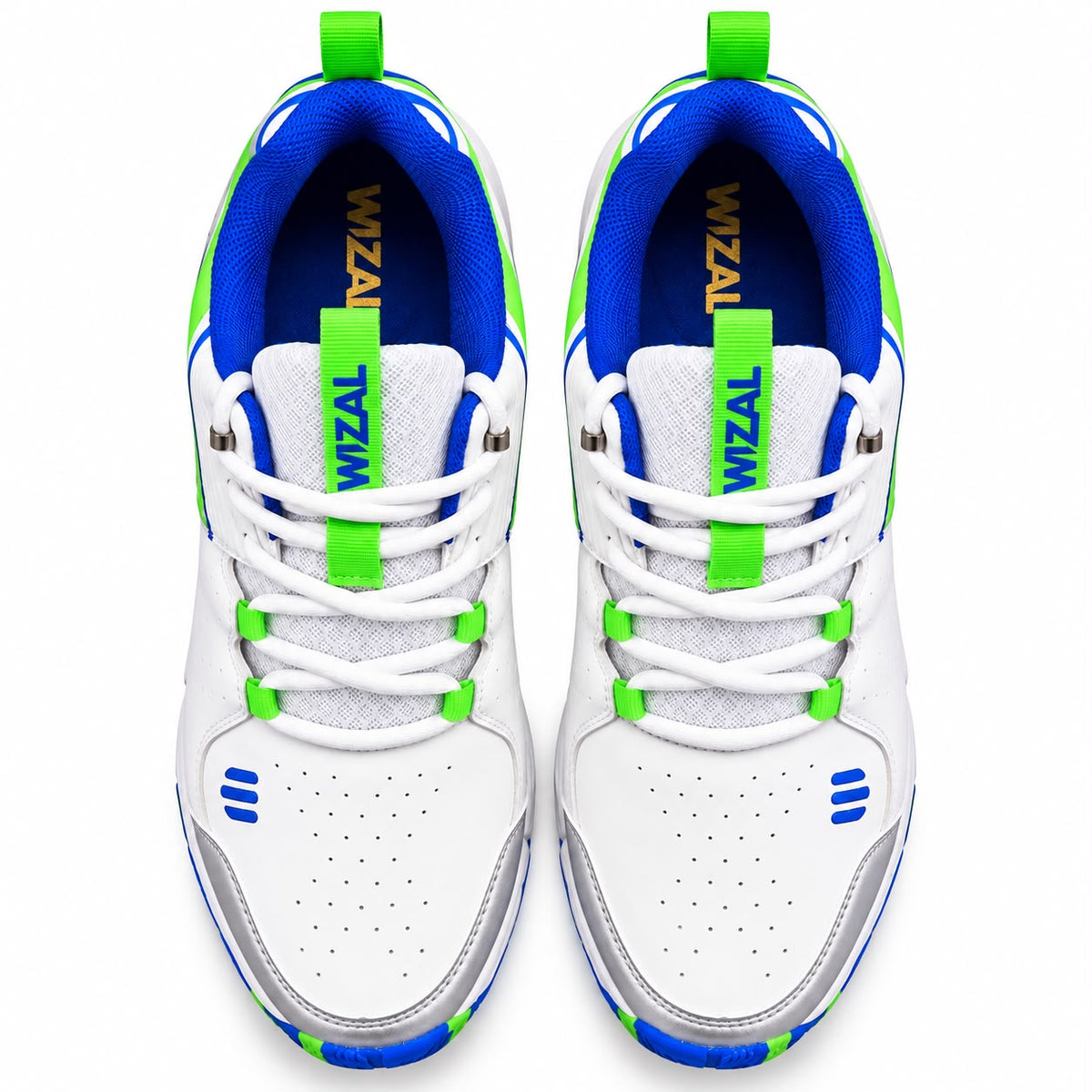 WIZAL white cricket shoes with blue lining and green laces detailing top view