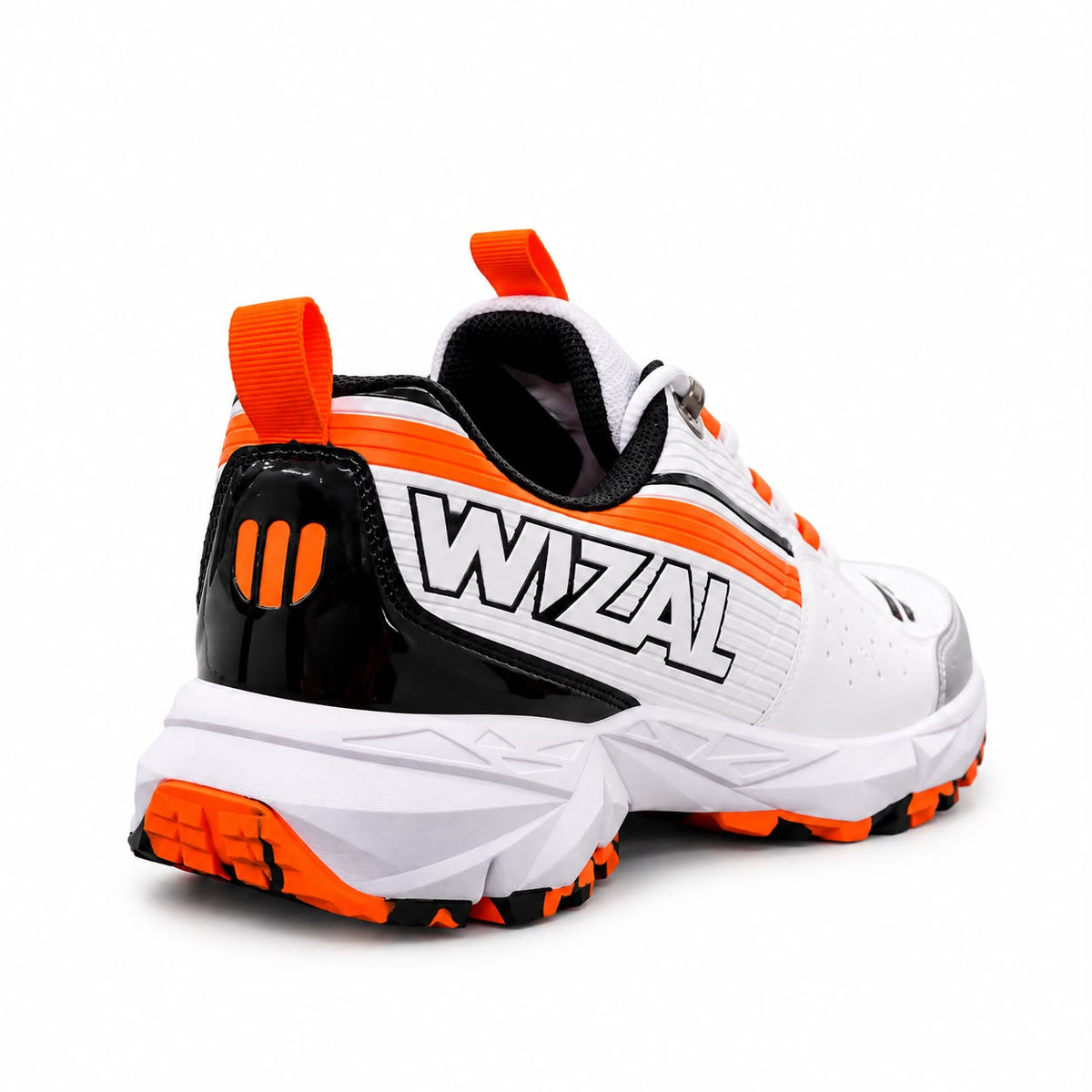 WIZAL white cricket shoes with orange and black accents rear view