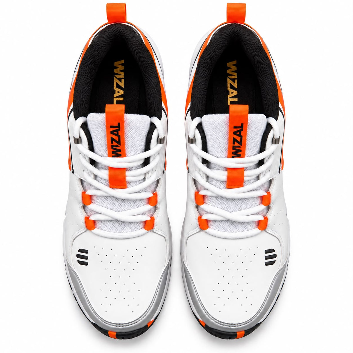WIZAL white cricket shoes with orange and black detailing top view