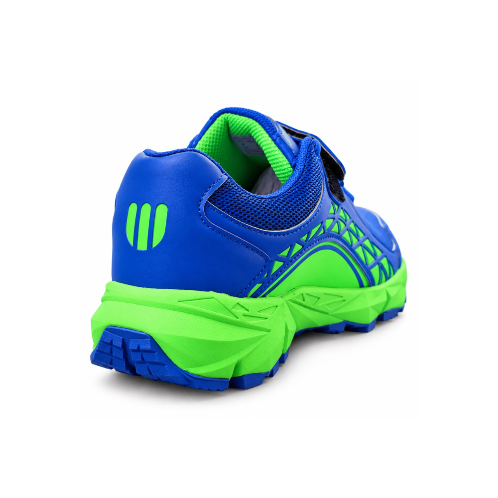 WIZAL blue and neon green cricket gripper shoe showing heel design and outsole