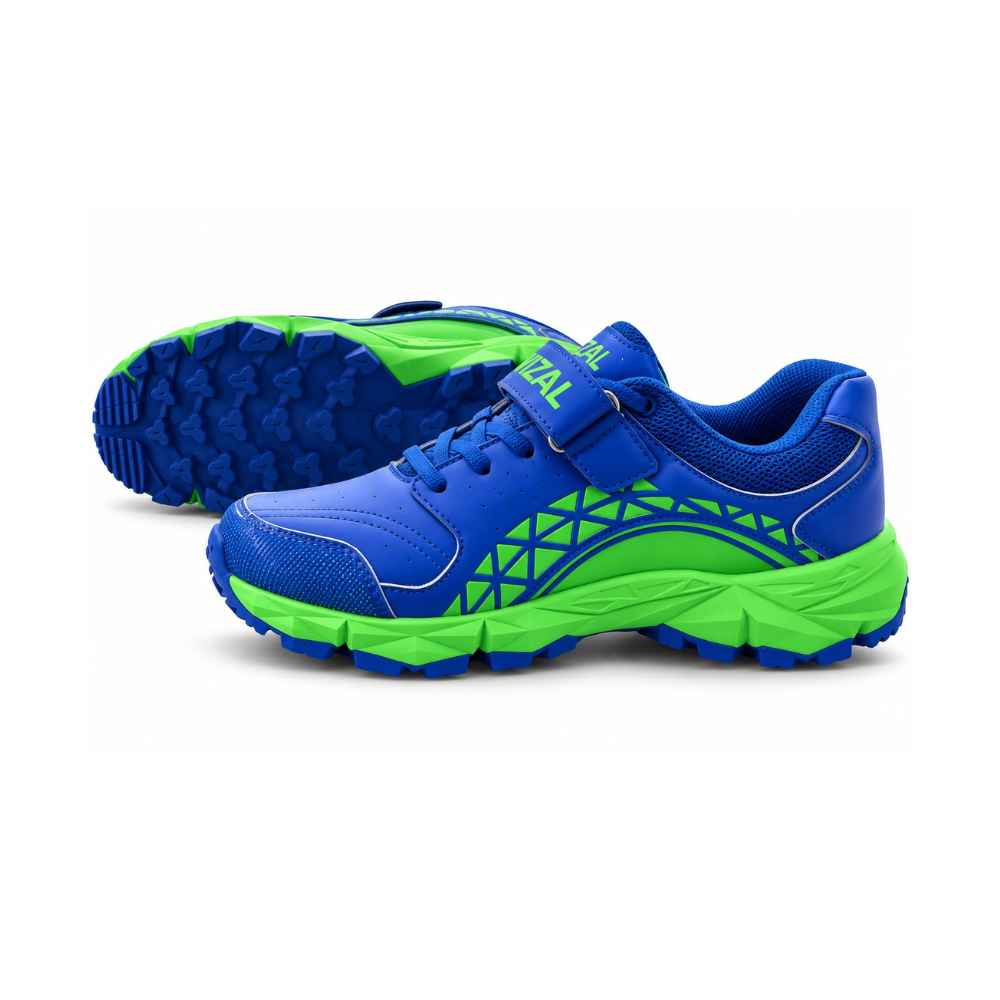 Pair of WIZAL blue and neon green cricket gripper shoes showing patterned outsole