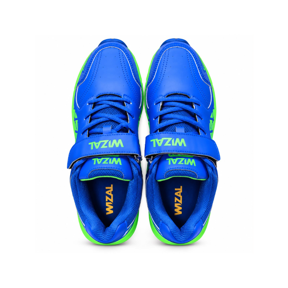 Pair of WIZAL blue and neon green cricket shoes showing laces and fastening straps from above