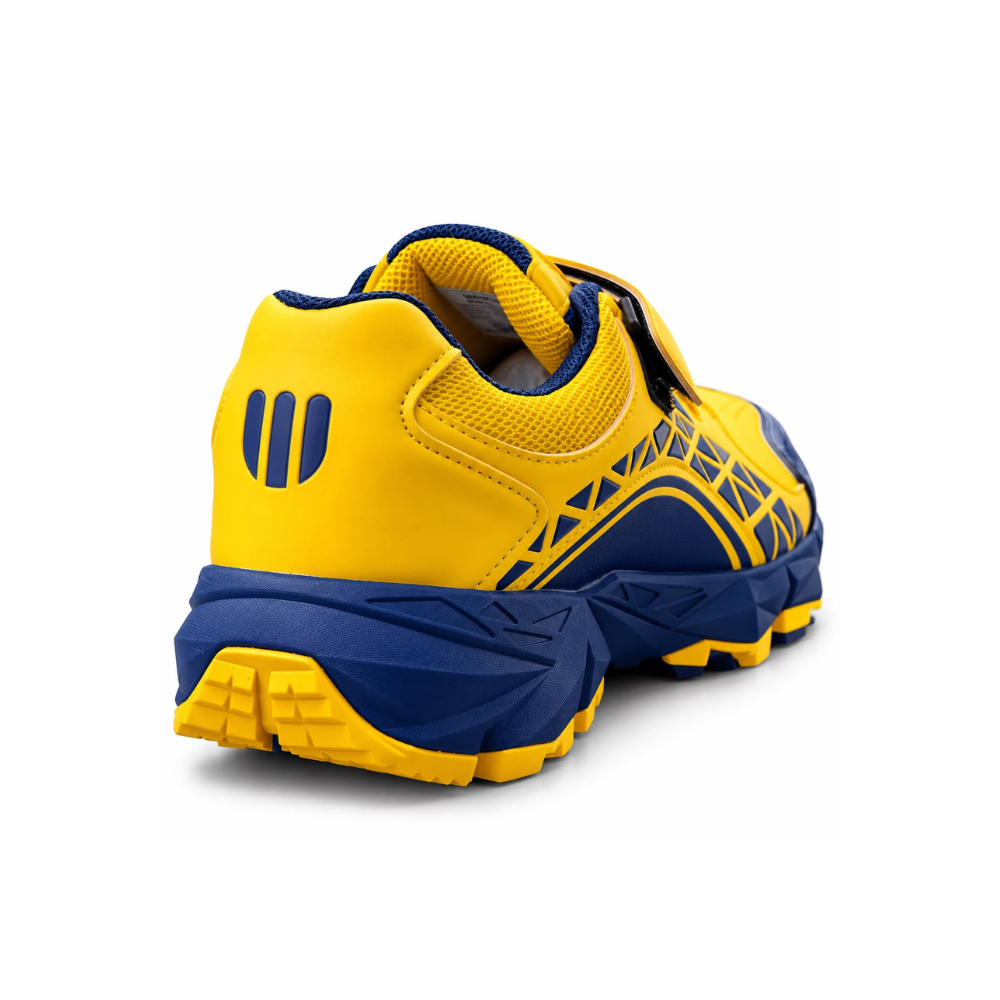 WIZAL yellow and navy blue cricket gripper shoes rear view showing heel and outsole design