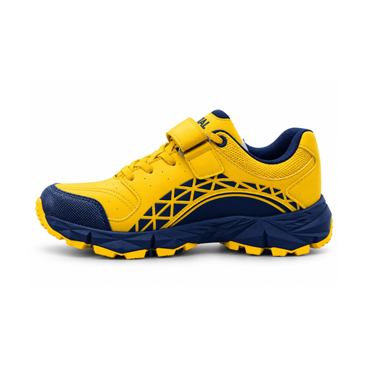 WIZAL yellow and navy blue cricket gripper shoe side profile with lace-up closure and fastening strap