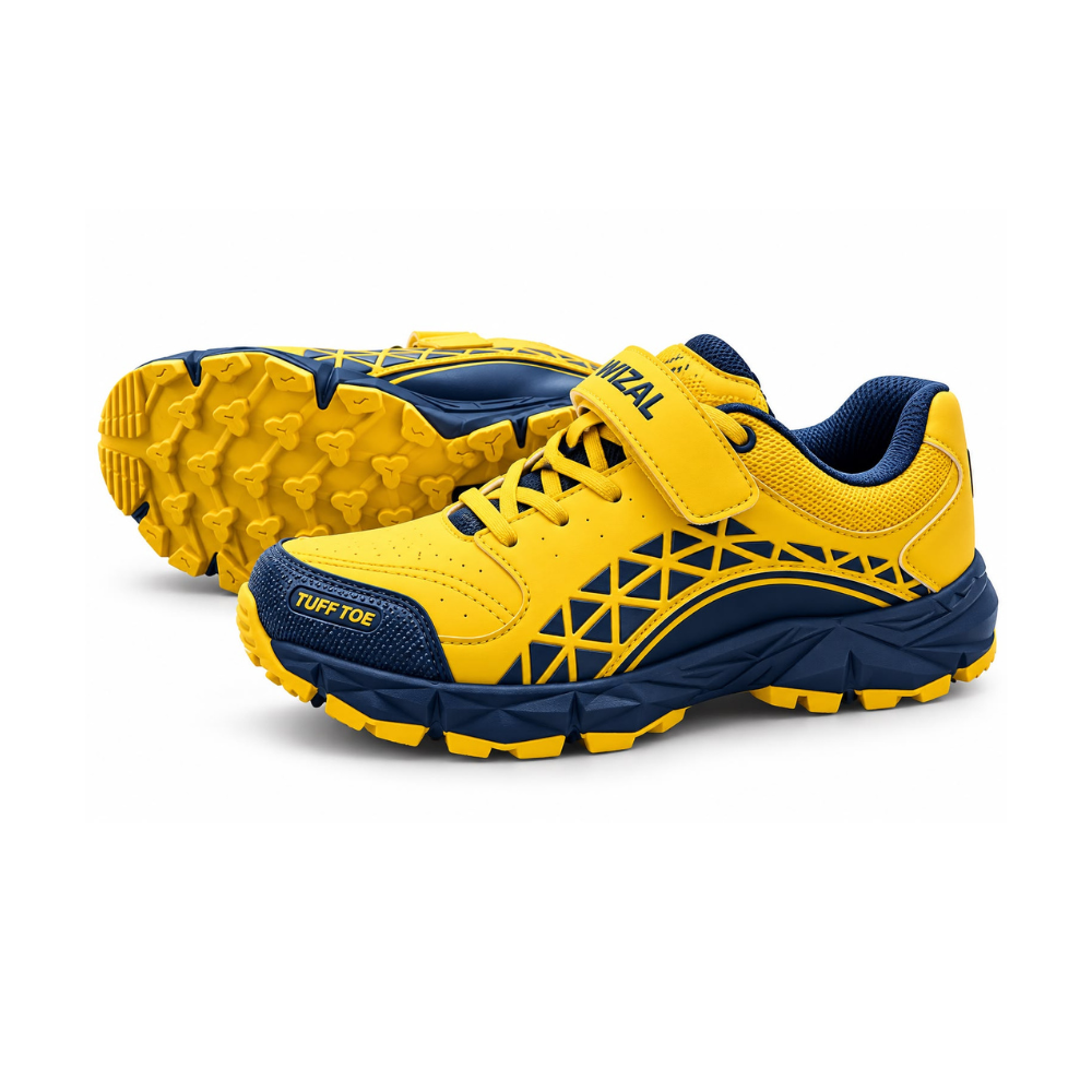 WIZAL yellow cricket gripper shoes showing textured outsole, toe protection and navy blue side detailing