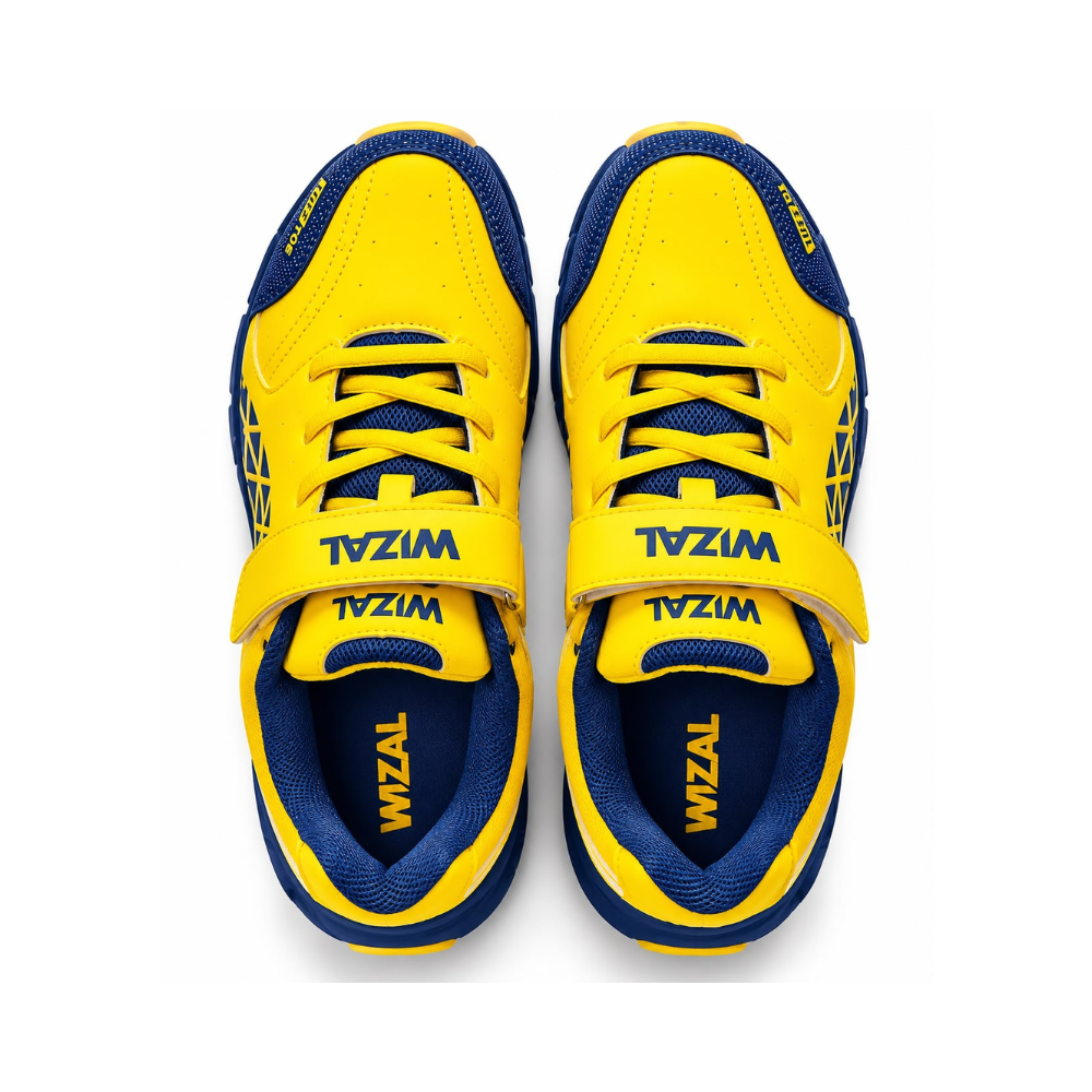 Pair of WIZAL yellow and navy blue cricket shoes showing laces, fastening straps and padded collars